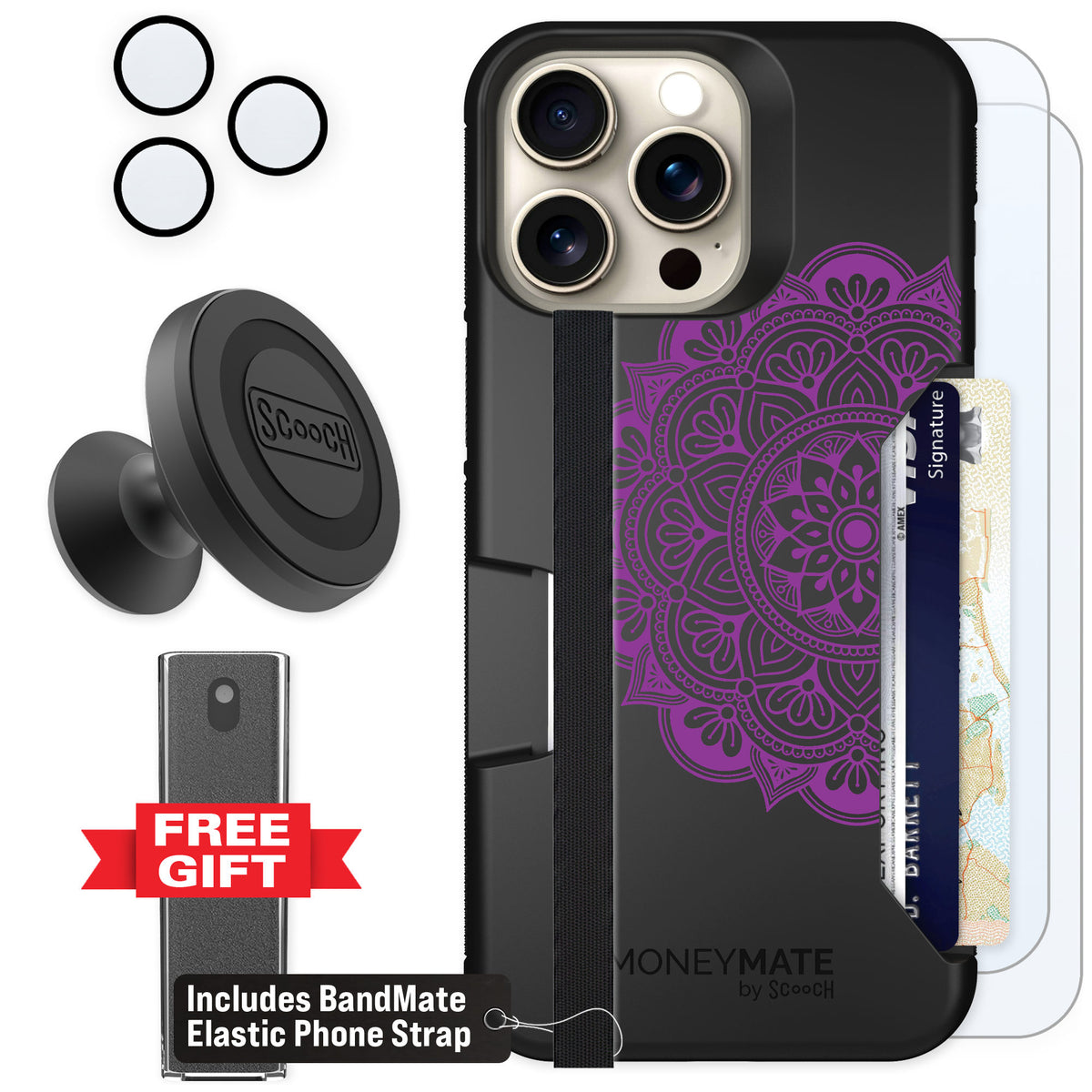 Scooch Moneymate Mandala Dreams for iPhone 15 Pro Max — Defender Bundle