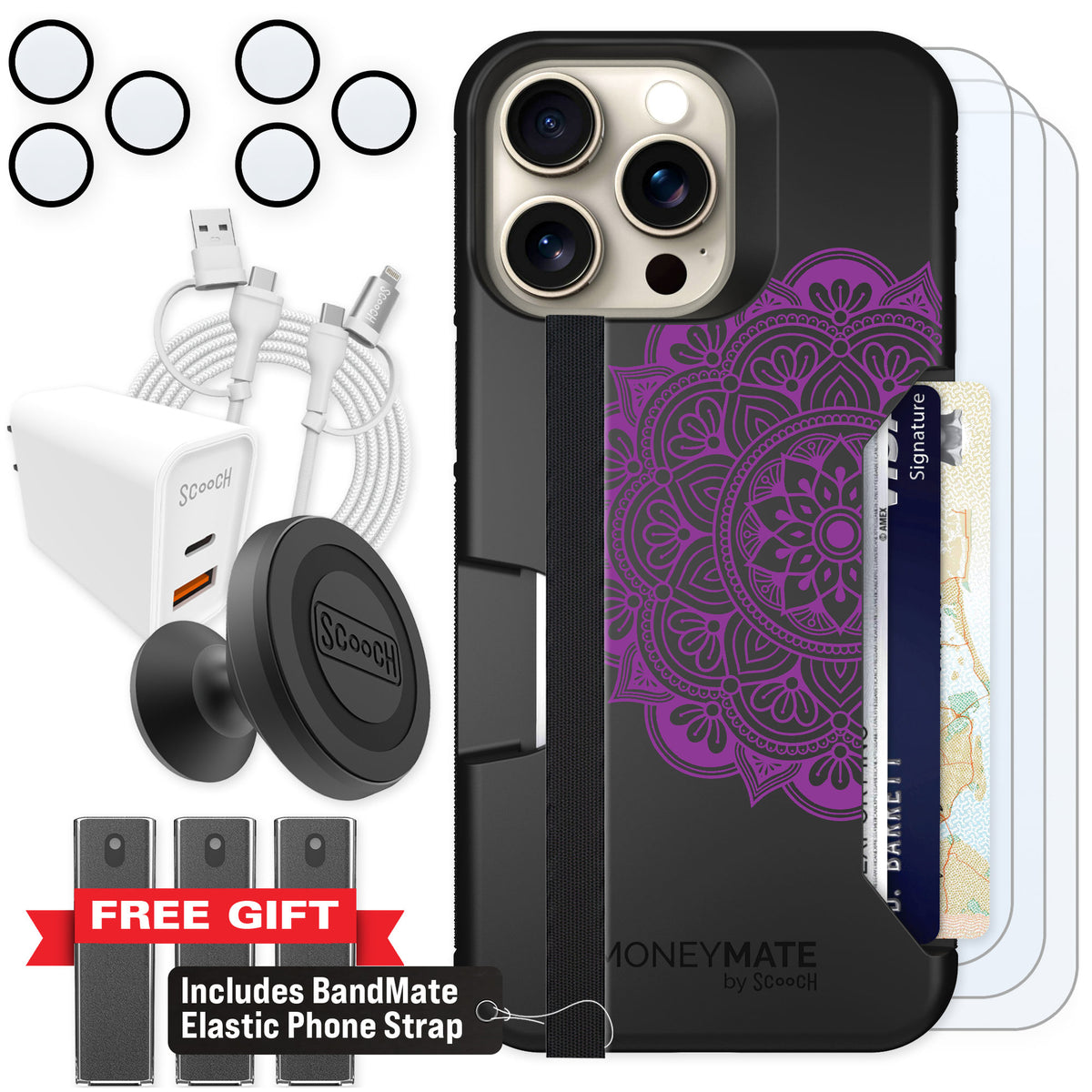 Scooch Moneymate Mandala Dreams for iPhone 15 Pro Max — Ultimate Bundle