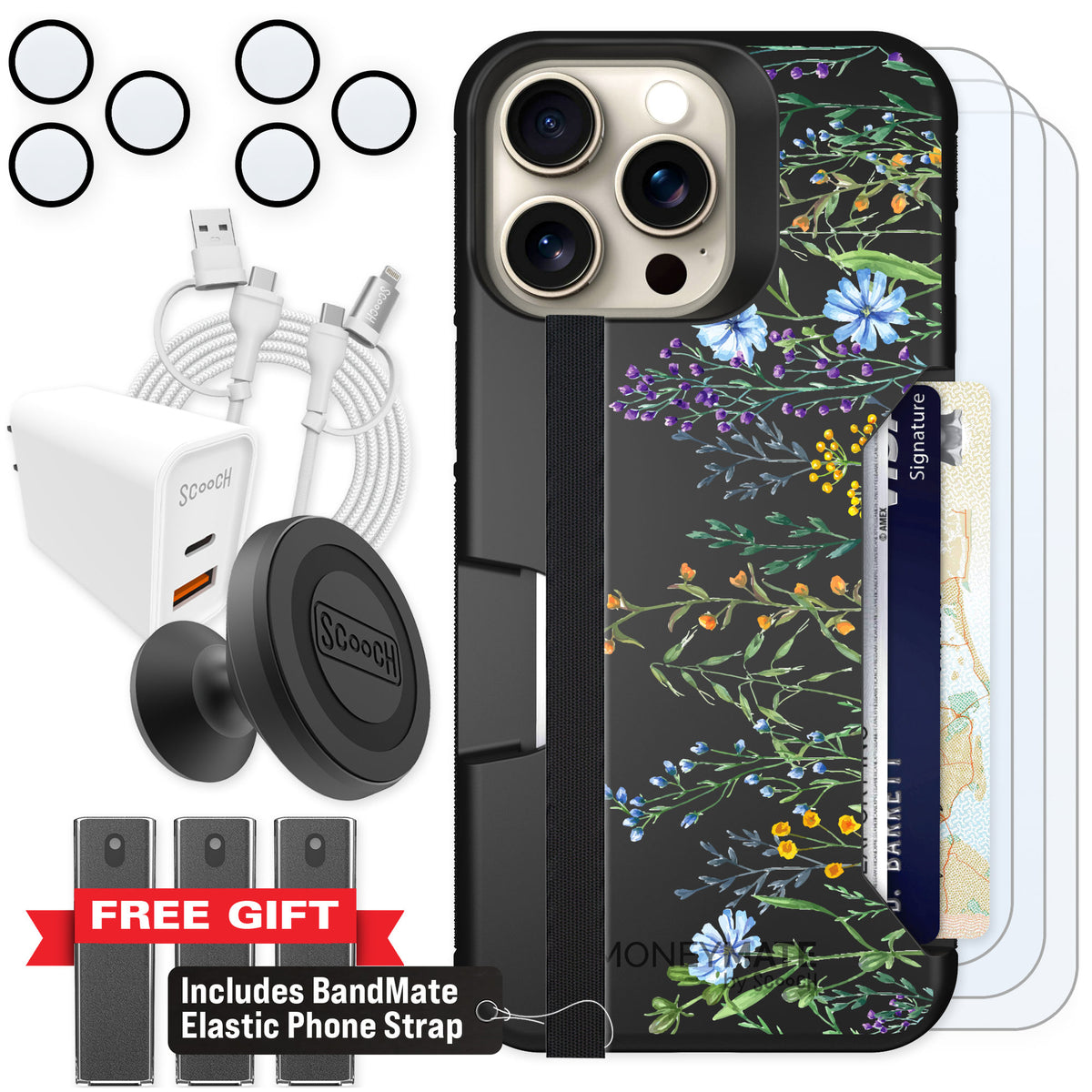 Scooch Moneymate Meadow Bloom for iPhone 15 Pro Max — Ultimate Bundle