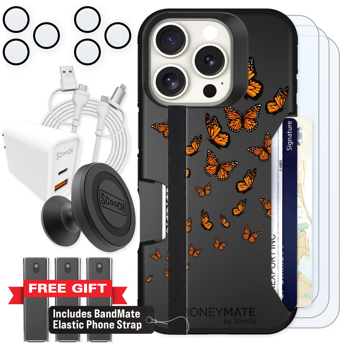 Scooch Moneymate Monarch Flight for iPhone 16 Pro — Ultimate Bundle