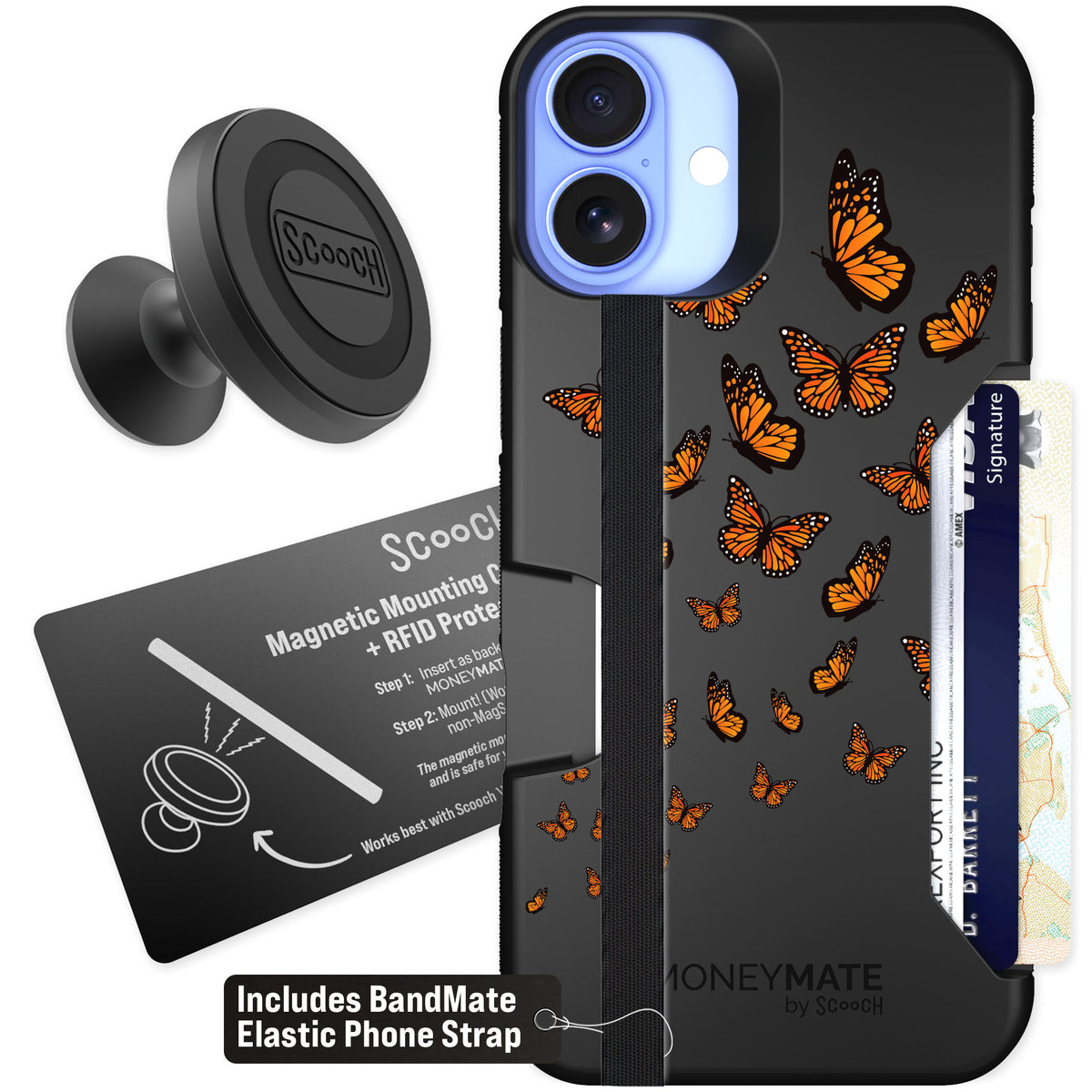 Scooch Moneymate Monarch Flight for iPhone 16 Plus — Starter Bundle
