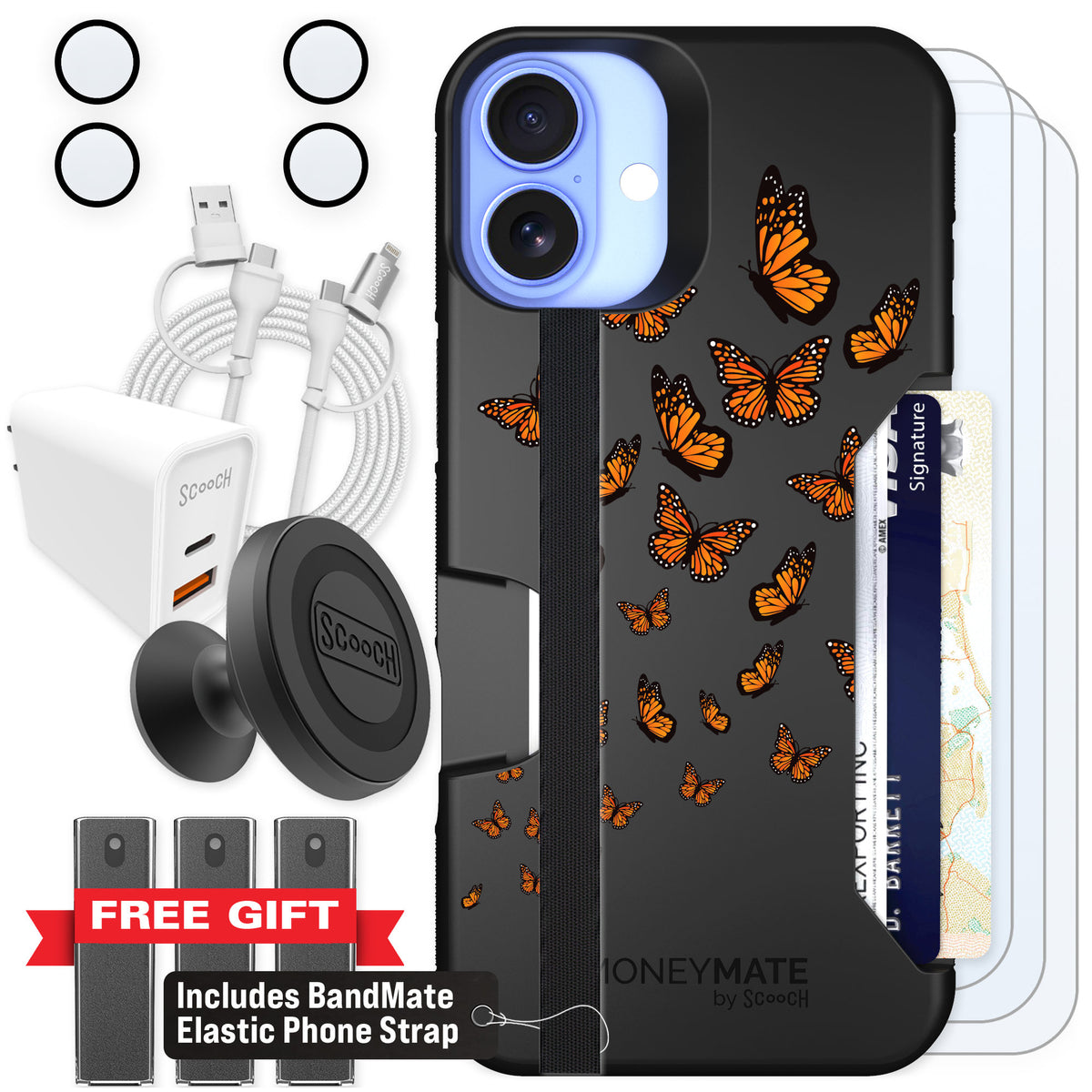 Scooch Moneymate Monarch Flight for iPhone 16 Plus — Ultimate Bundle