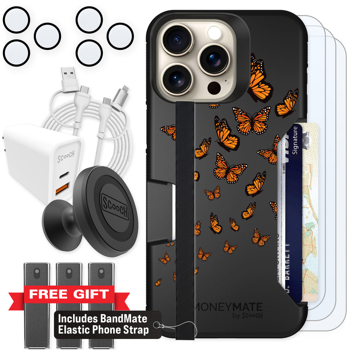 Scooch Moneymate Monarch Flight for iPhone 15 Pro Max — Ultimate Bundle