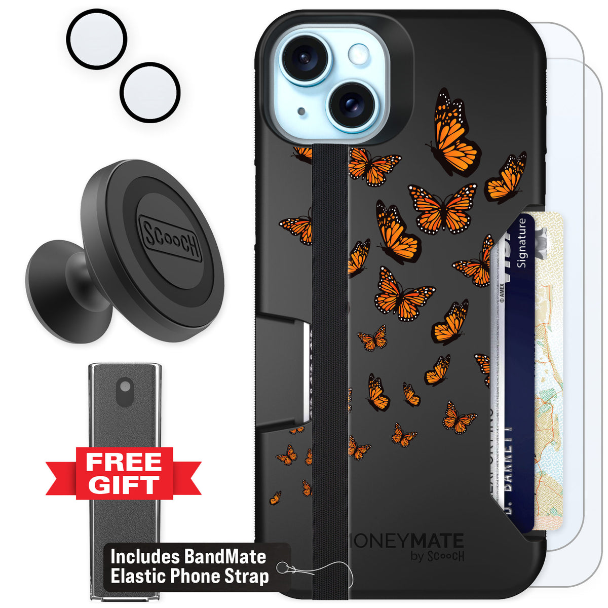 Scooch Moneymate Monarch Flight for iPhone 15 Plus — Defender Bundle