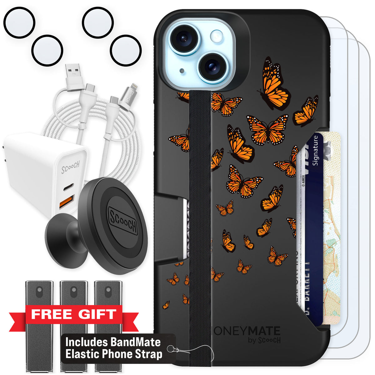 Scooch Moneymate Monarch Flight for iPhone 15 Plus — Ultimate Bundle