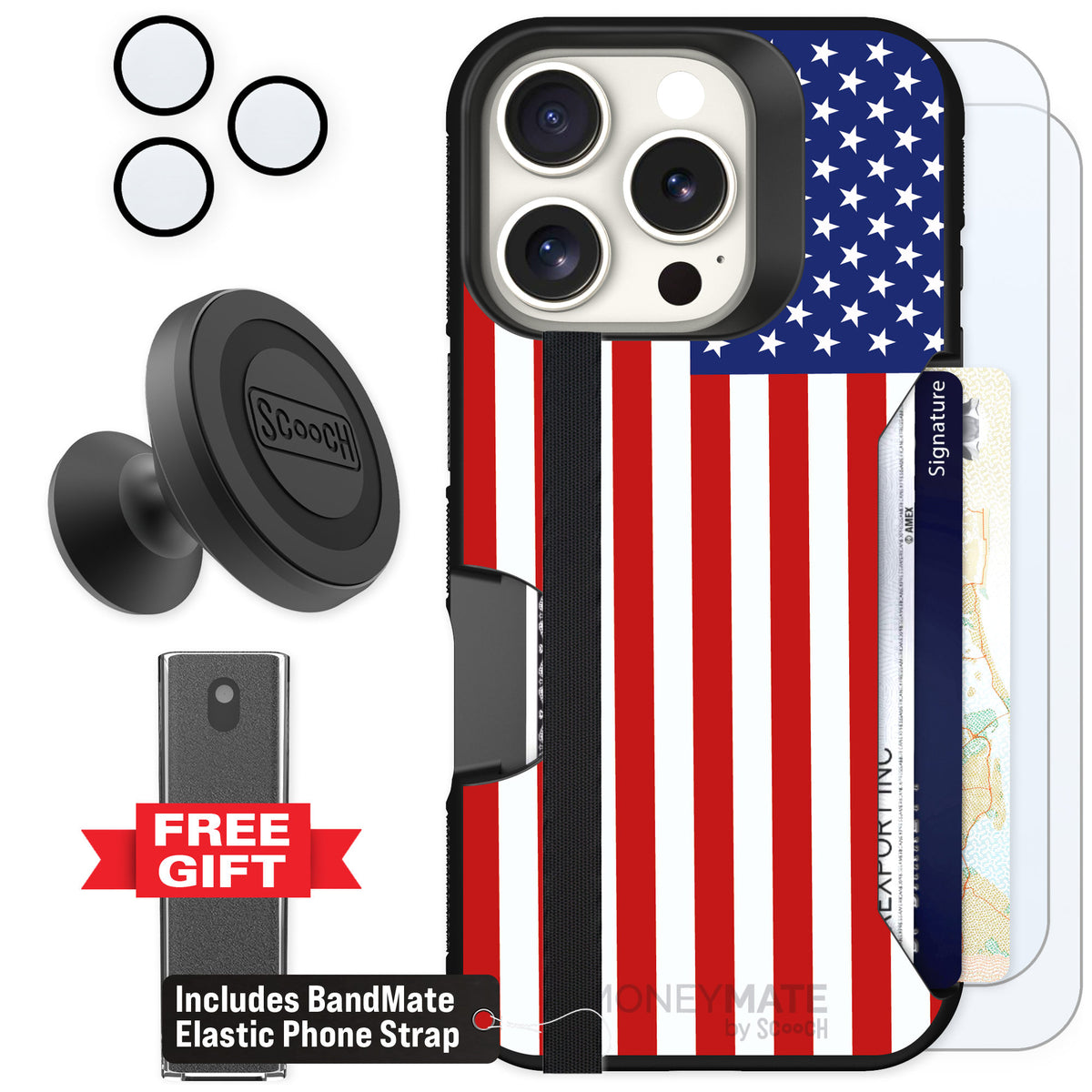 Scooch Moneymate Stars and Stripes for iPhone 16 Pro — Defender Bundle