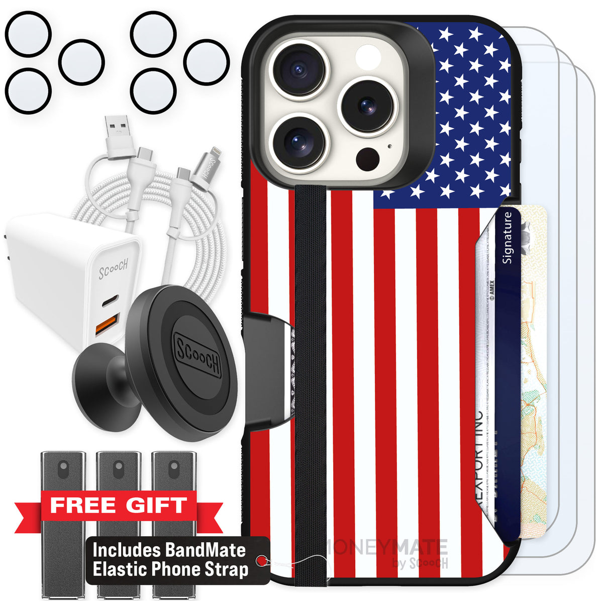 Scooch Moneymate Stars and Stripes for iPhone 16 Pro — Ultimate Bundle