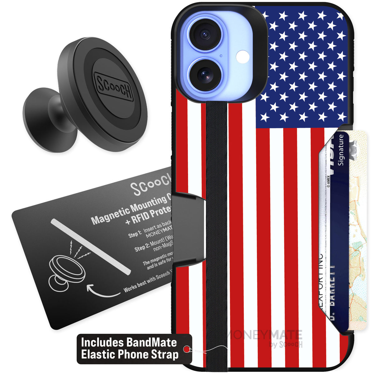 Scooch Moneymate Stars and Stripes for iPhone 16 Plus — Starter Bundle