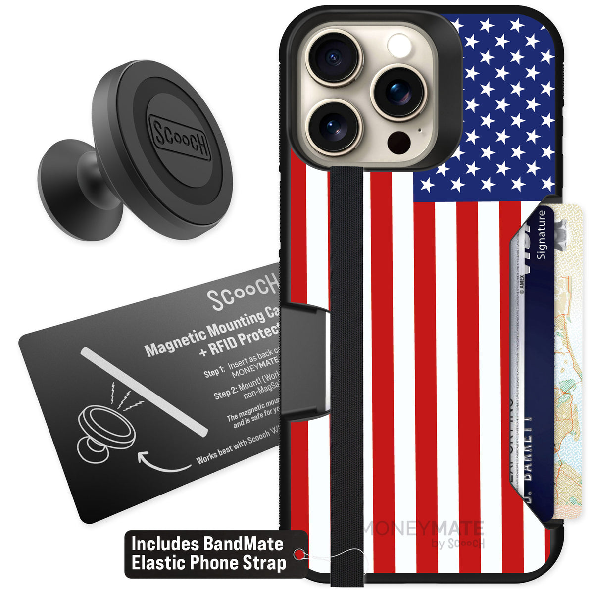 Scooch Moneymate Stars and Stripes for iPhone 15 Pro Max — Starter Bundle