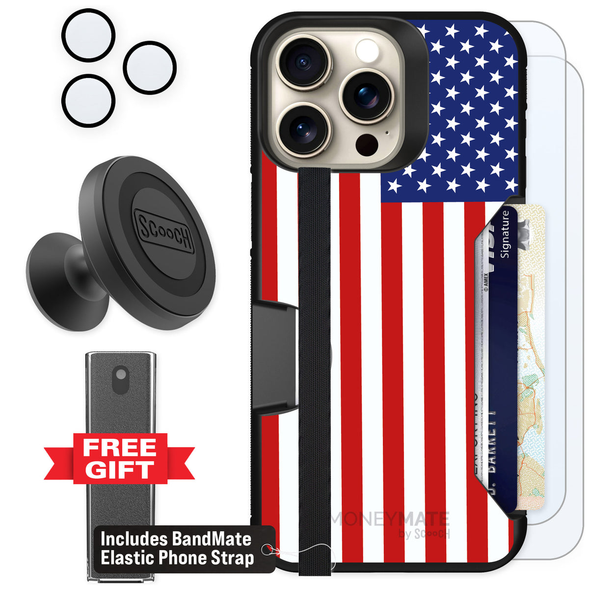 Scooch Moneymate Stars and Stripes for iPhone 15 Pro Max — Defender Bundle
