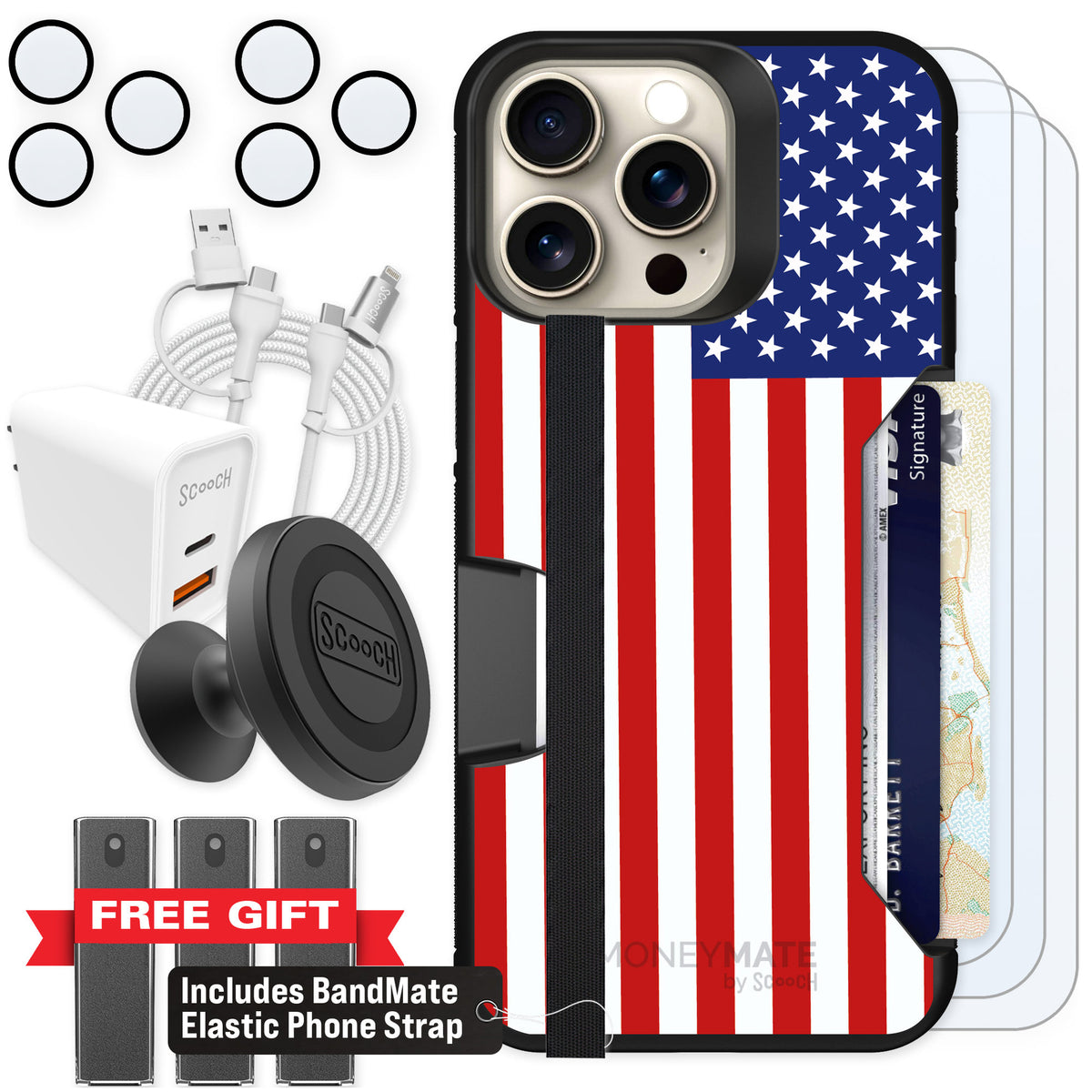 Scooch Moneymate Stars and Stripes for iPhone 15 Pro Max — Ultimate Bundle
