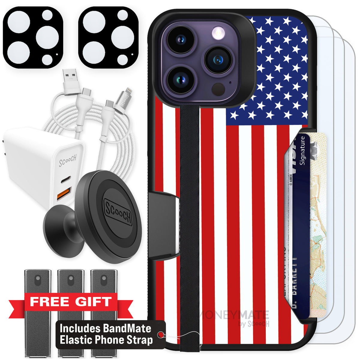 Scooch Moneymate Stars and Stripes for iPhone 14 Pro Max — Ultimate Bundle