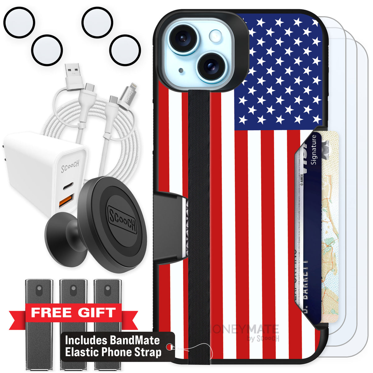 Scooch Moneymate Stars and Stripes for iPhone 14 Plus — Ultimate Bundle