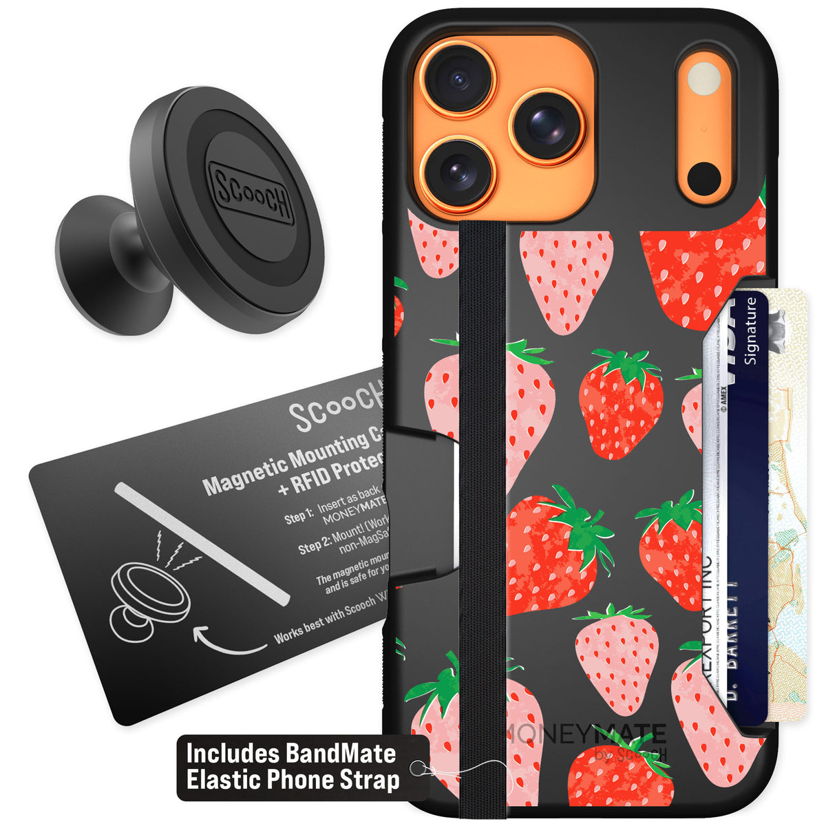 Scooch Moneymate Strawberry Fields for iPhone 17 Pro Max — Starter Bundle