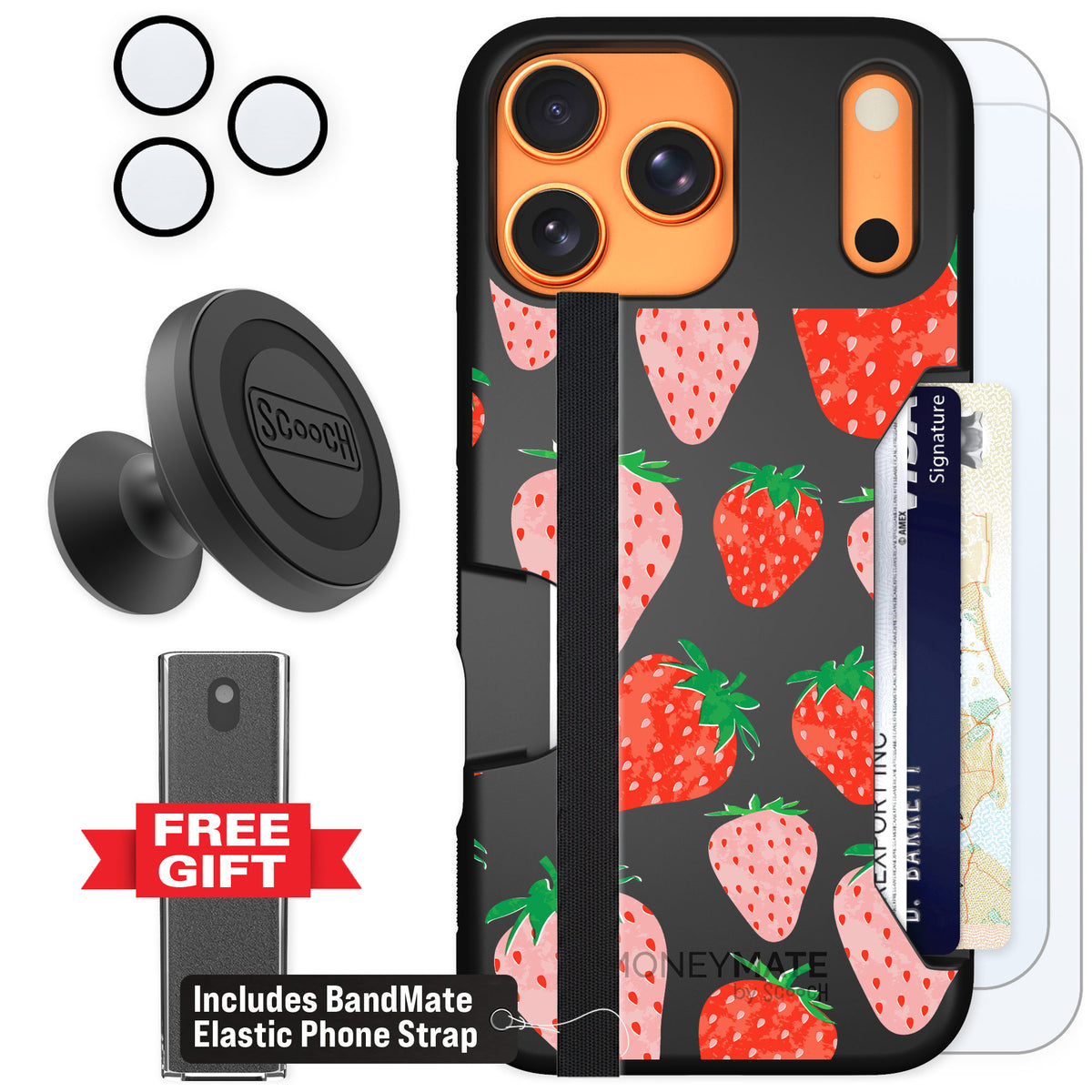 Scooch Moneymate Strawberry Fields for iPhone 17 Pro Max — Defender Bundle