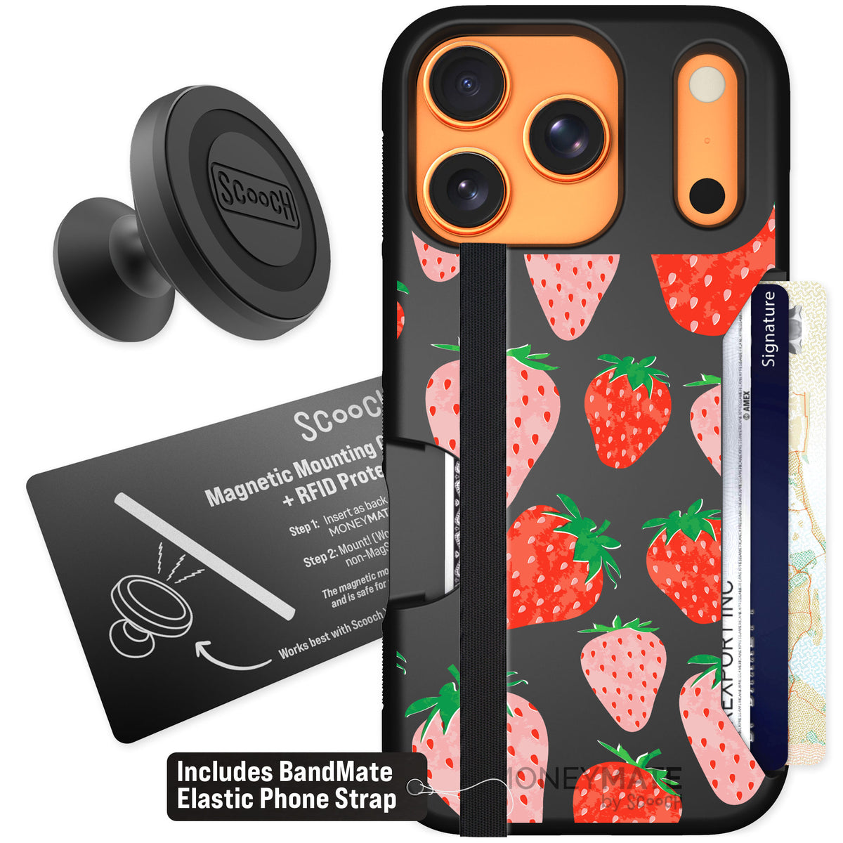 Scooch Moneymate Strawberry Fields for iPhone 17 Pro — Starter Bundle