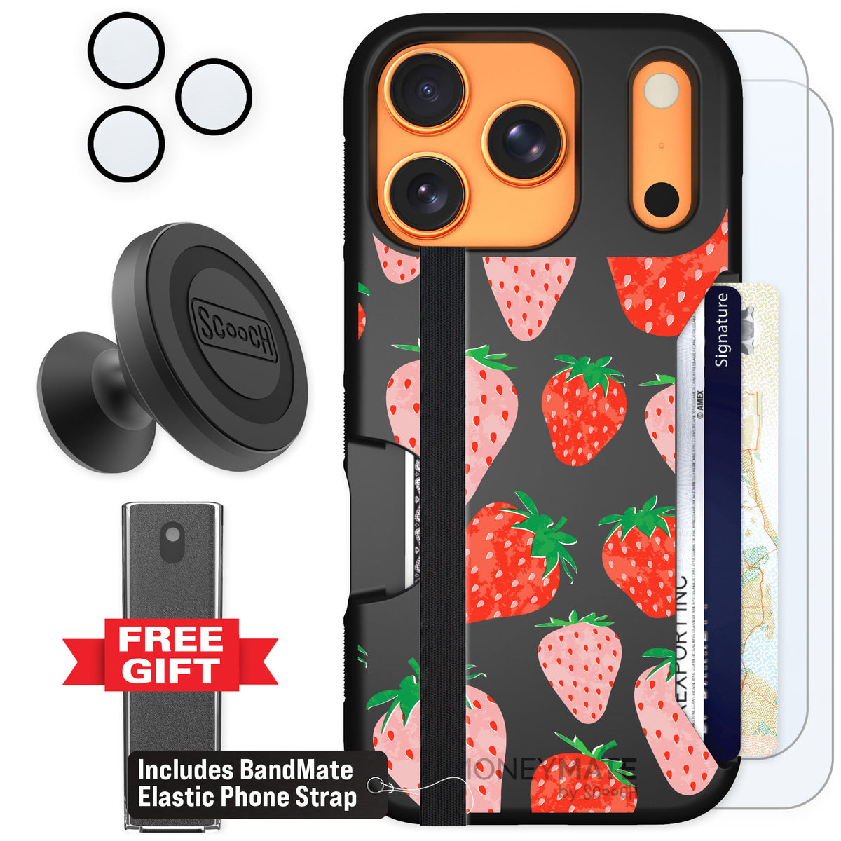 Scooch Moneymate Strawberry Fields for iPhone 17 Pro — Defender Bundle