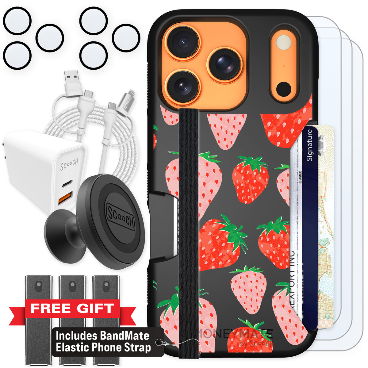 Scooch Moneymate Strawberry Fields for iPhone 17 Pro — Ultimate Bundle
