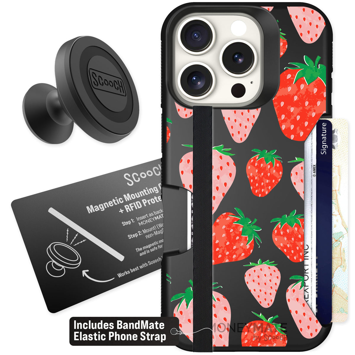 Scooch Moneymate Strawberry Fields for iPhone 16 Pro — Starter Bundle