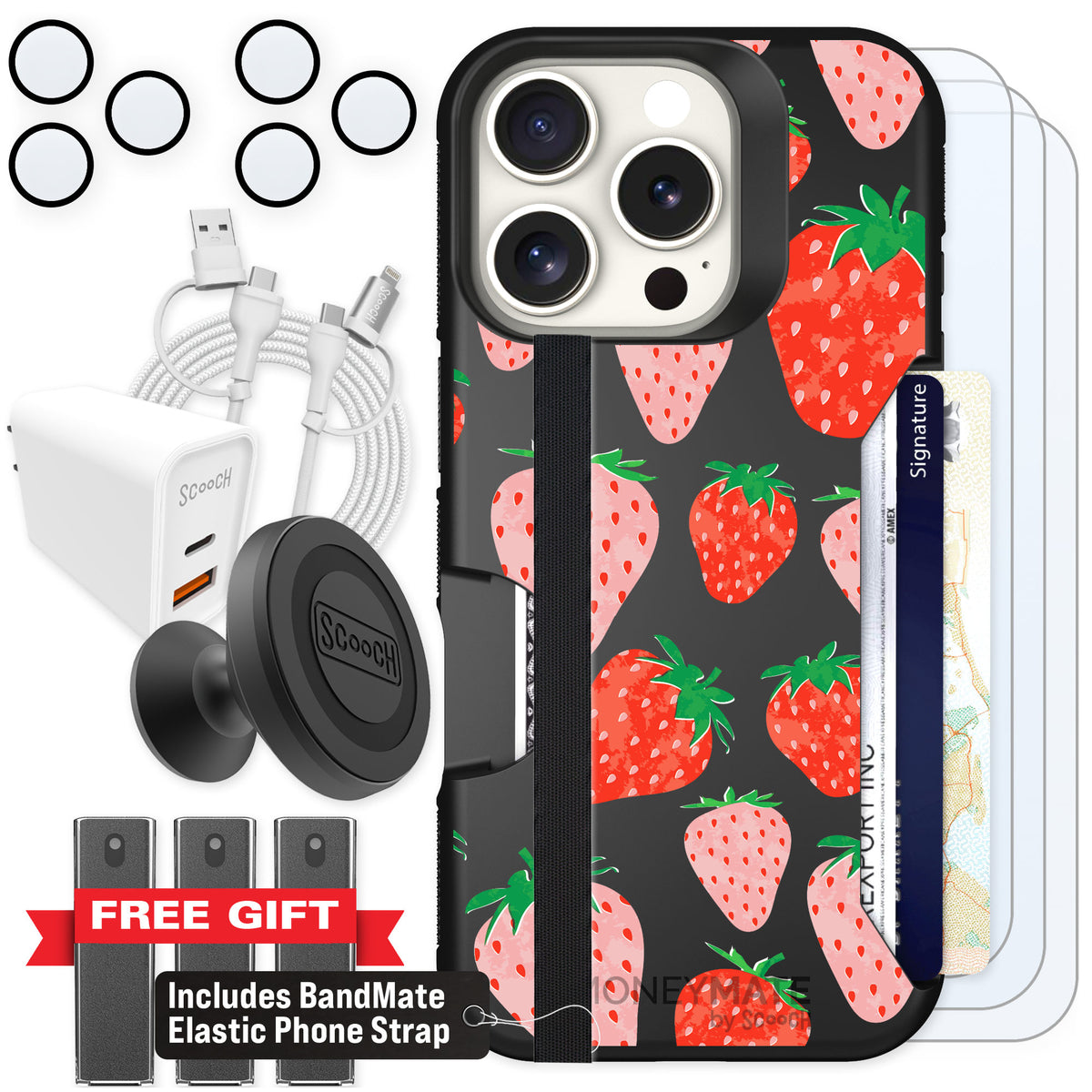 Scooch Moneymate Strawberry Fields for iPhone 16 Pro — Ultimate Bundle