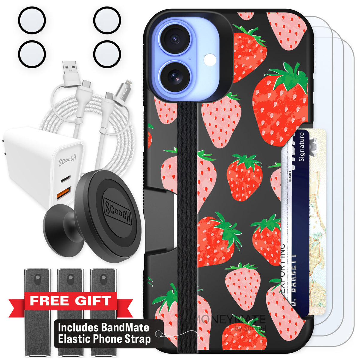 Scooch Moneymate Strawberry Fields for iPhone 16 Plus — Ultimate Bundle