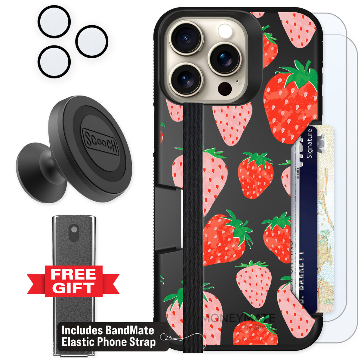 Scooch Moneymate Strawberry Fields for iPhone 15 Pro Max — Defender Bundle