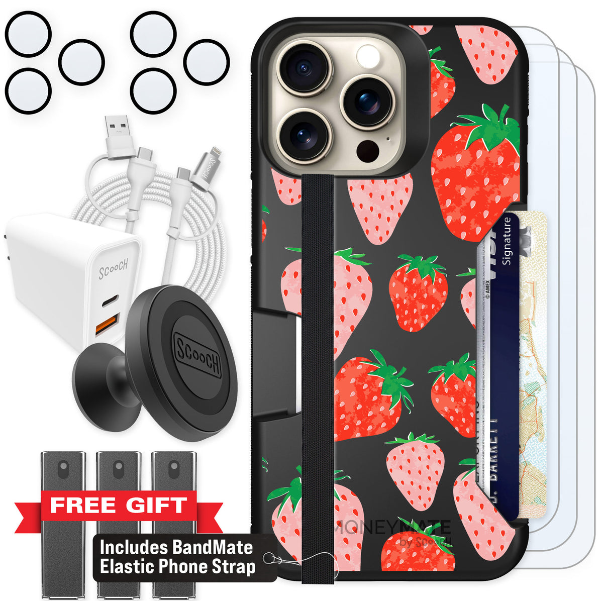 Scooch Moneymate Strawberry Fields for iPhone 15 Pro Max — Ultimate Bundle