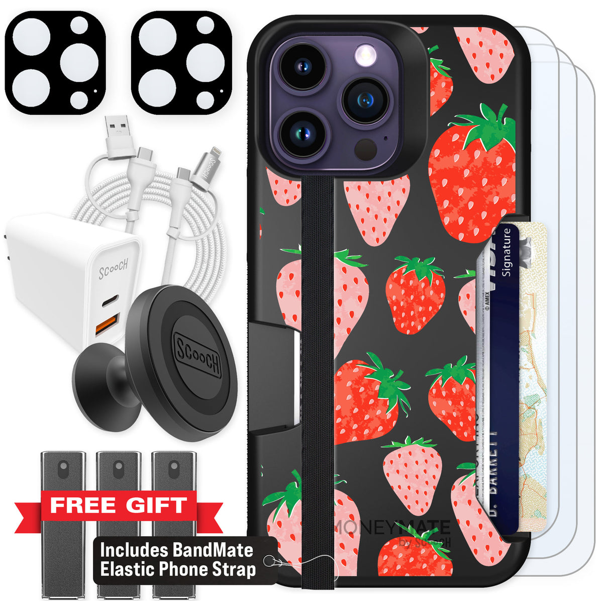 Scooch Moneymate Strawberry Fields for iPhone 14 Pro Max — Ultimate Bundle
