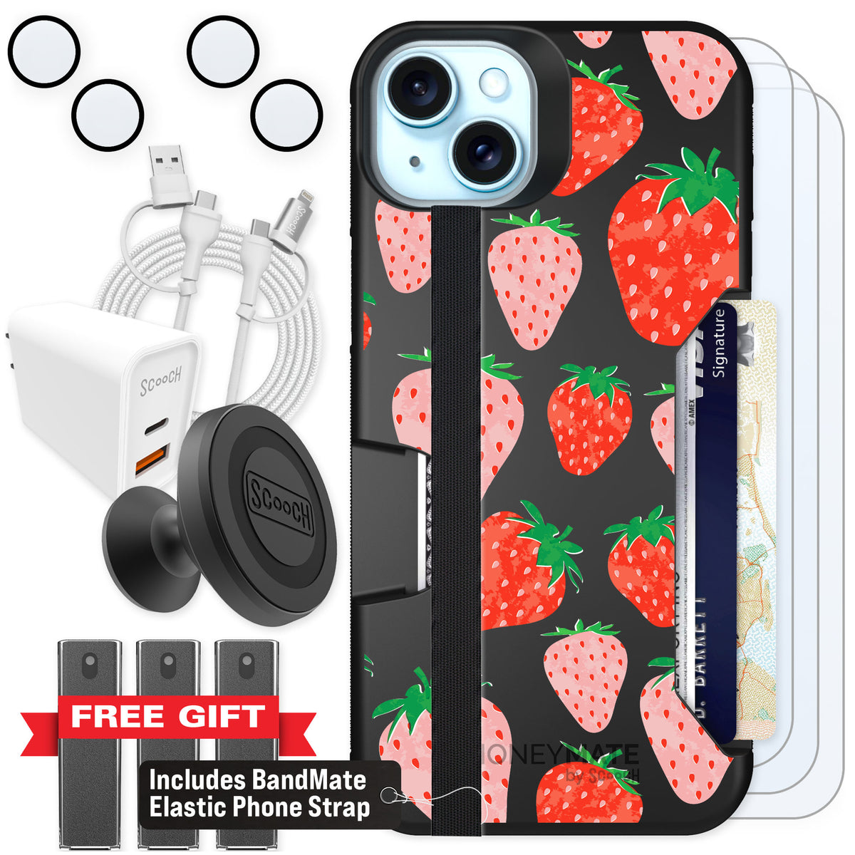 Scooch Moneymate Strawberry Fields for iPhone 14 Plus — Ultimate Bundle