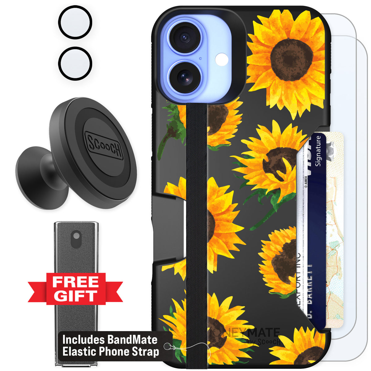 Scooch Moneymate Sunflower Frenzy for iPhone 16 Plus — Defender Bundle