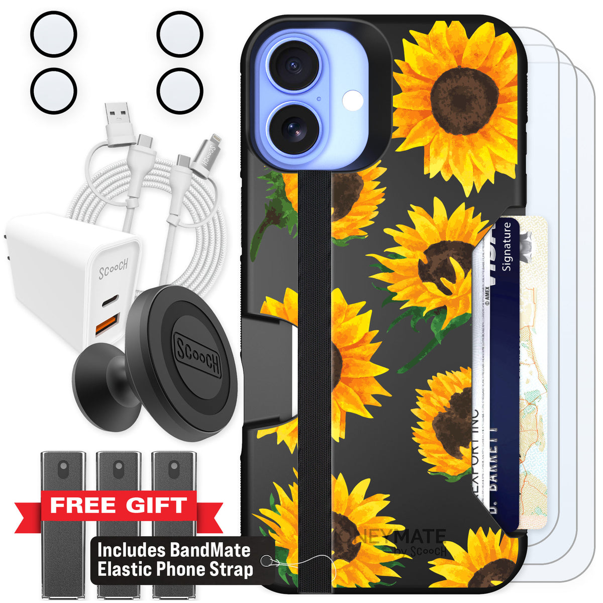 Scooch Moneymate Sunflower Frenzy for iPhone 16 Plus — Ultimate Bundle