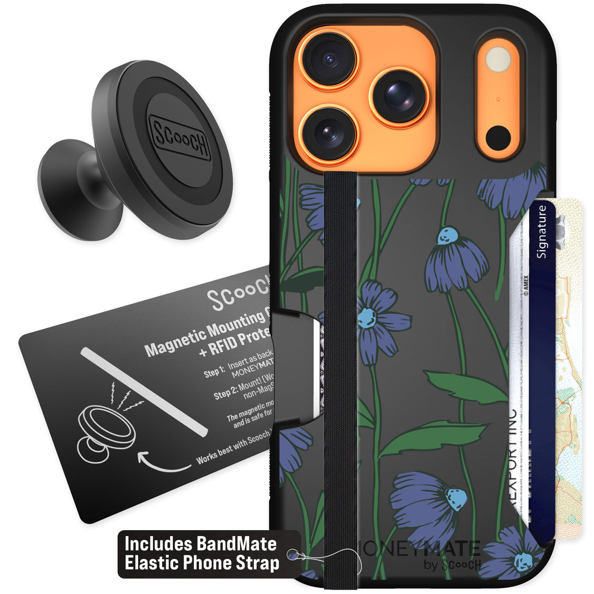 Scooch Moneymate Violet Daisy for iPhone 17 Pro — Starter Bundle