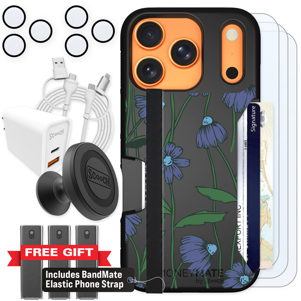 Scooch Moneymate Violet Daisy for iPhone 17 Pro — Ultimate Bundle