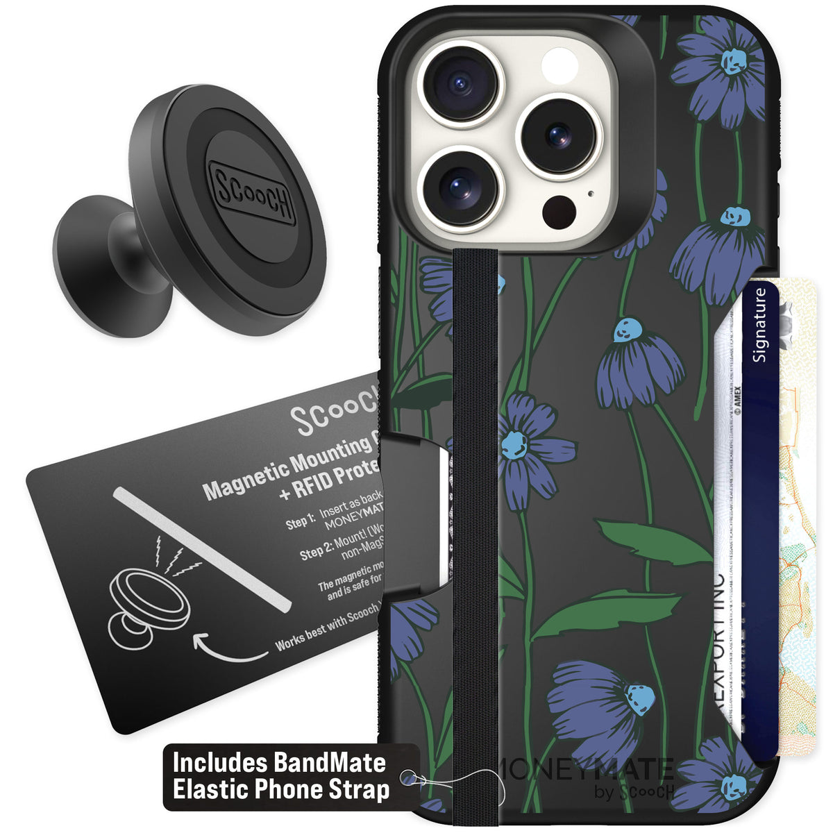 Scooch Moneymate Violet Daisy for iPhone 16 Pro — Starter Bundle