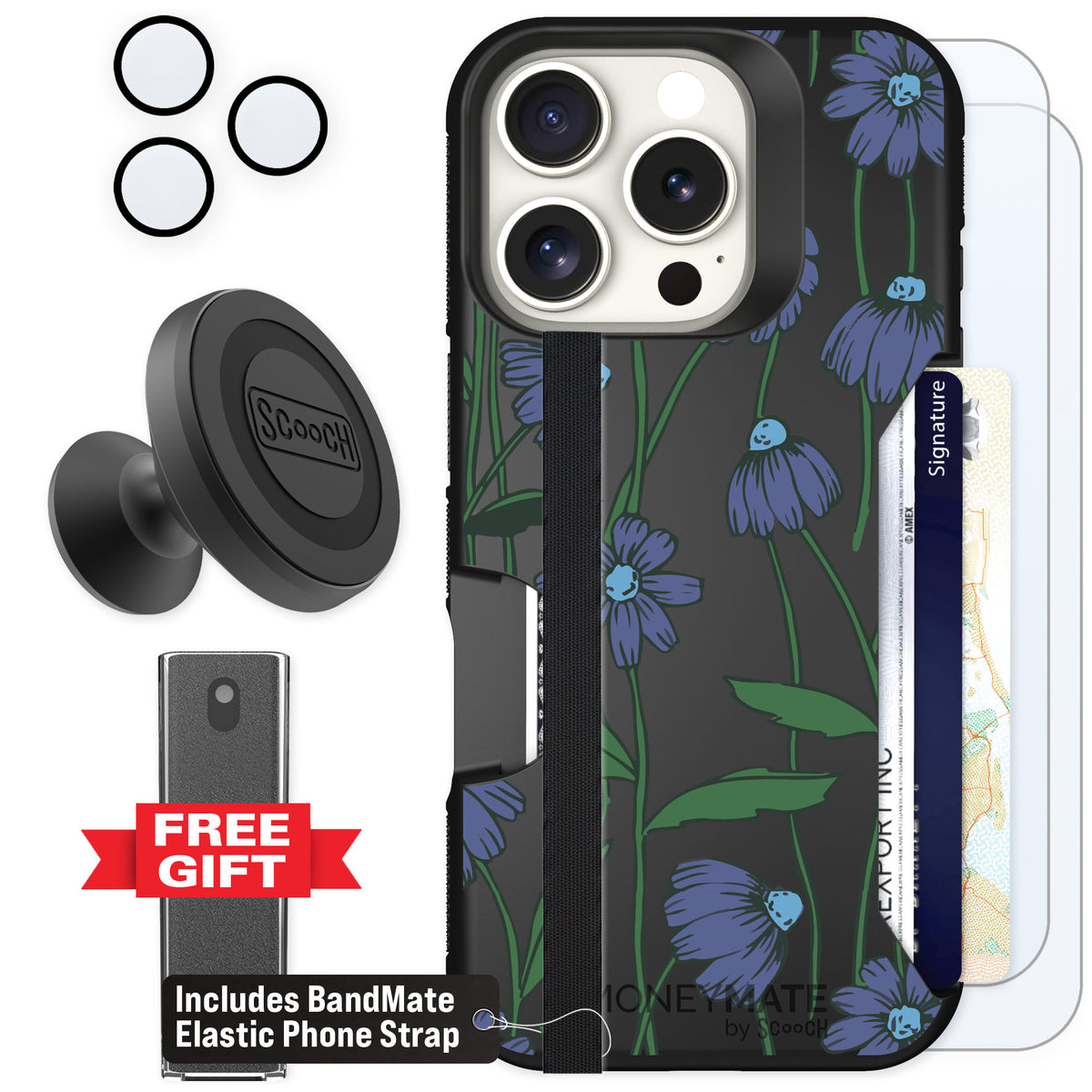 Scooch Moneymate Violet Daisy for iPhone 16 Pro — Defender Bundle