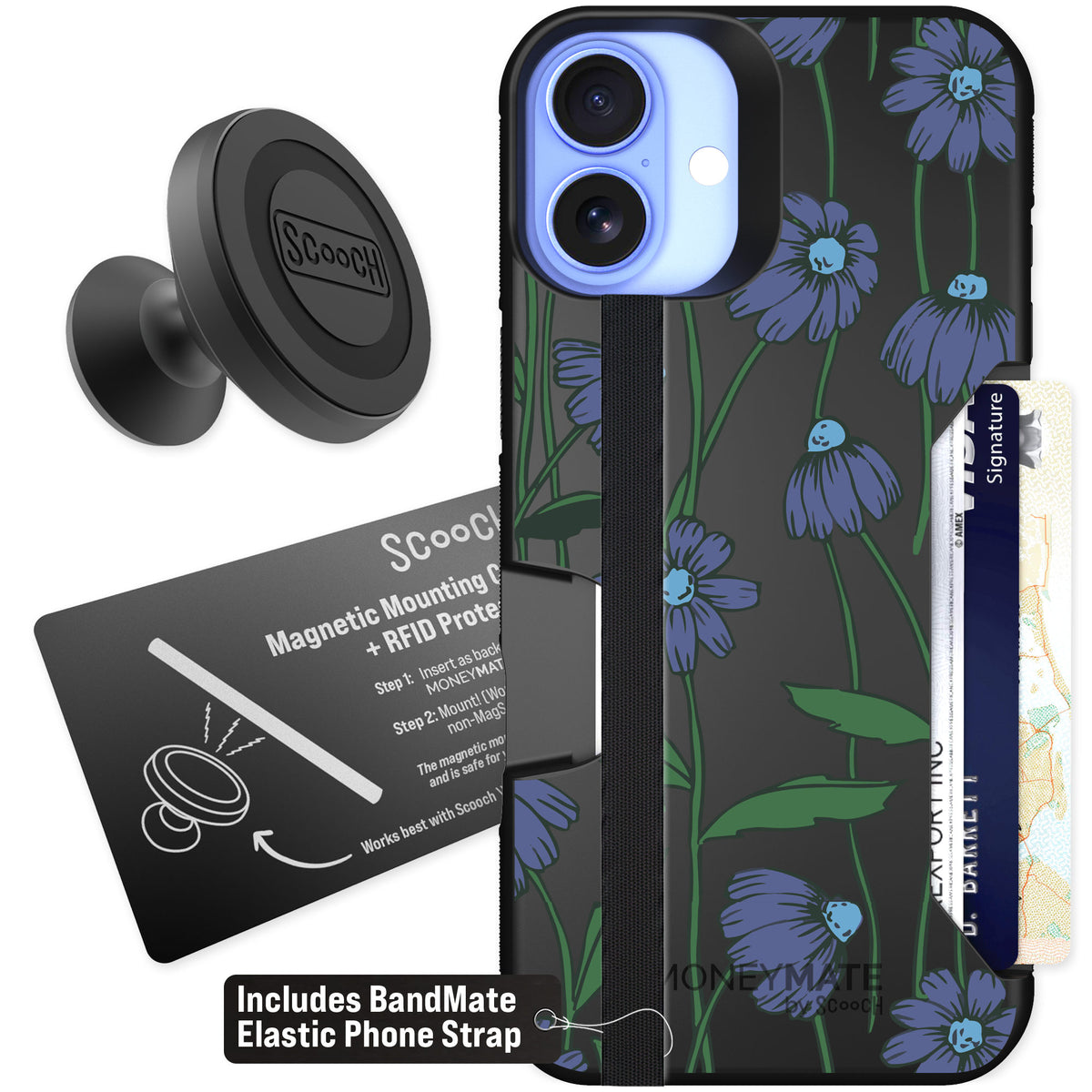 Scooch Moneymate Violet Daisy for iPhone 16 Plus — Starter Bundle