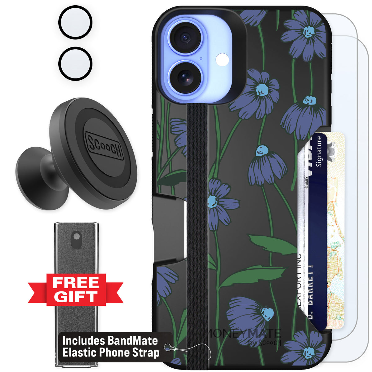 Scooch Moneymate Violet Daisy for iPhone 16 Plus — Defender Bundle