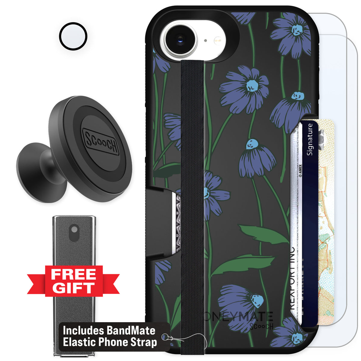 Scooch Moneymate Violet Daisy for iPhone 16e — Defender Bundle