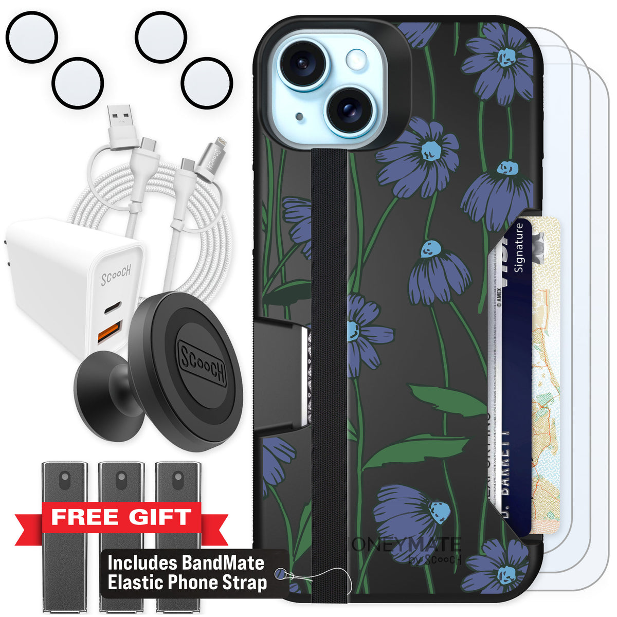 Scooch Moneymate Violet Daisy for iPhone 15 Plus — Ultimate Bundle