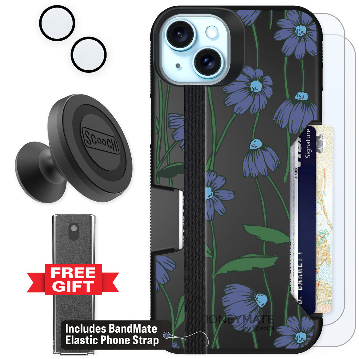 Scooch Moneymate Violet Daisy for iPhone 14 Plus — Defender Bundle
