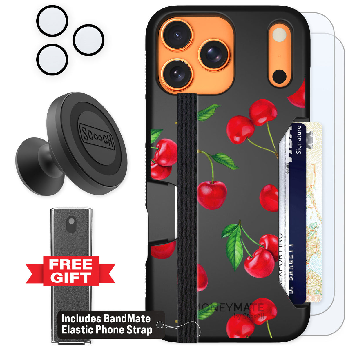 Scooch Moneymate Very Cherry for iPhone 17 Pro Max — Defender Bundle