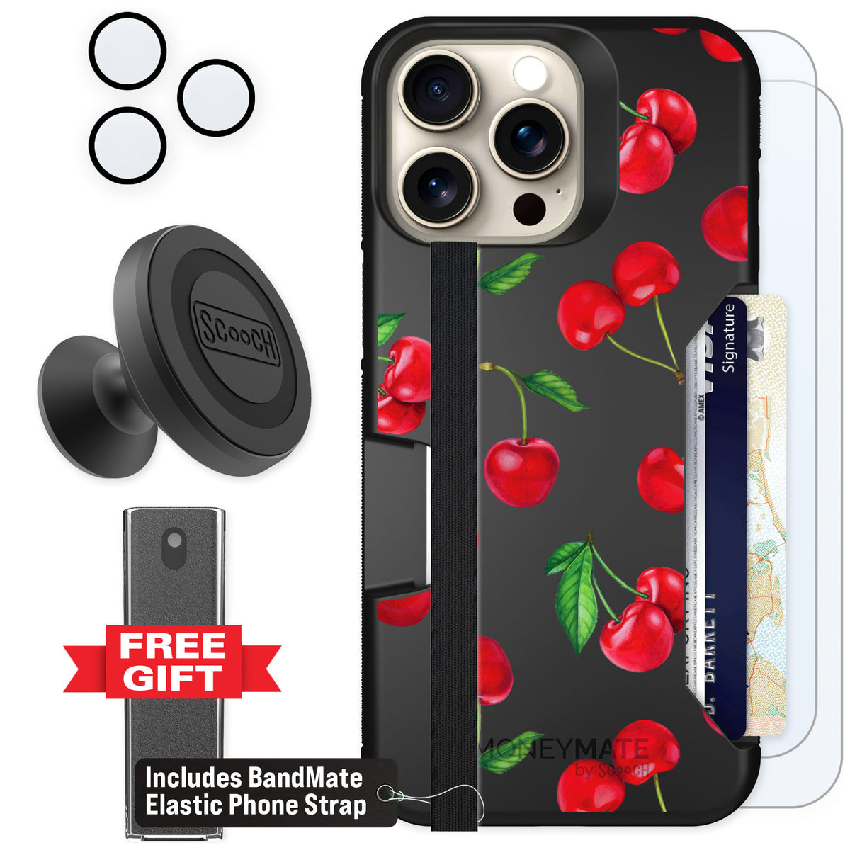 Scooch Moneymate Very Cherry for iPhone 15 Pro Max — Defender Bundle