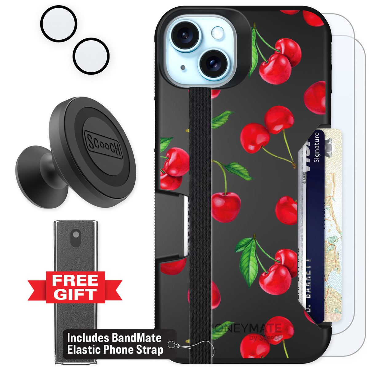 Scooch Moneymate Very Cherry for iPhone 15 Plus — Defender Bundle