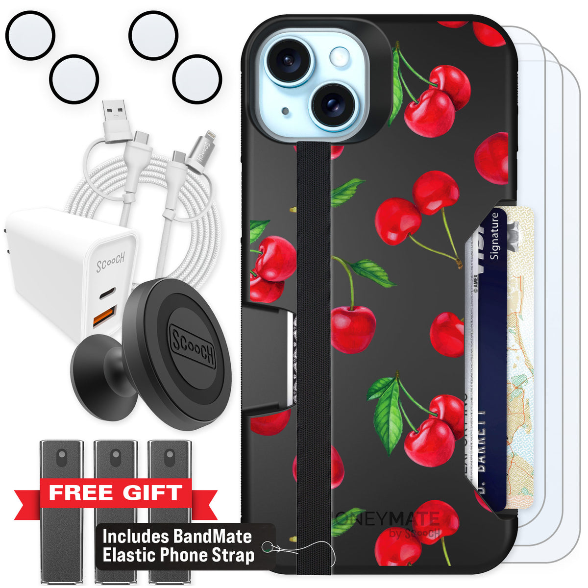 Scooch Moneymate Very Cherry for iPhone 15 Plus — Ultimate Bundle