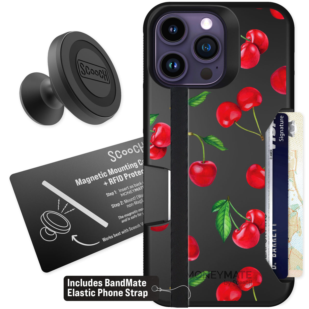Scooch Moneymate Very Cherry for iPhone 14 Pro Max — Starter Bundle