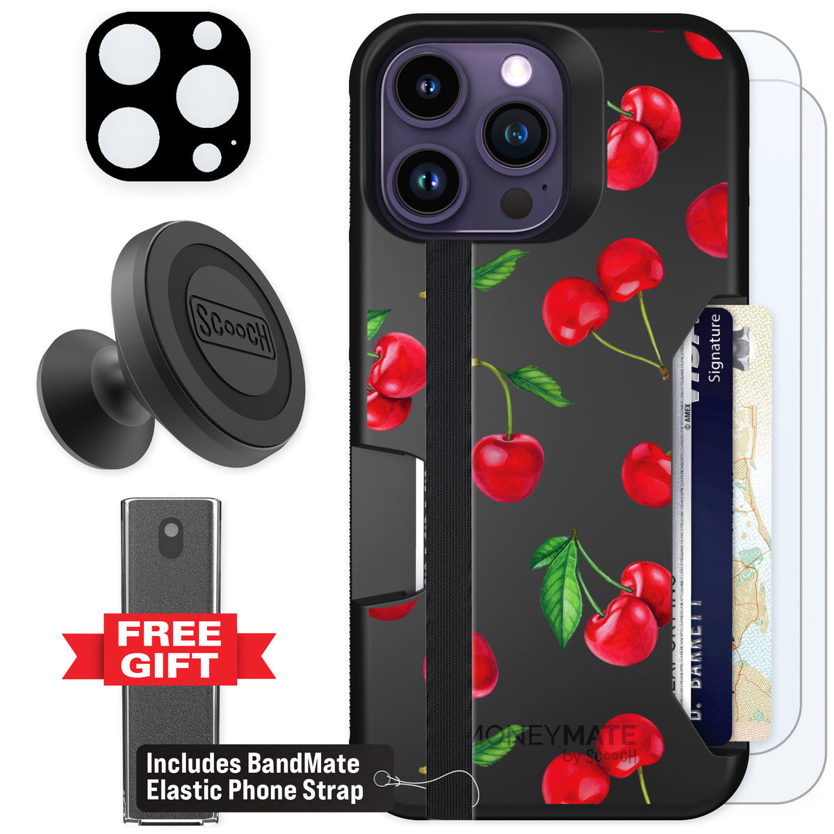 Scooch Moneymate Very Cherry for iPhone 14 Pro Max — Defender Bundle