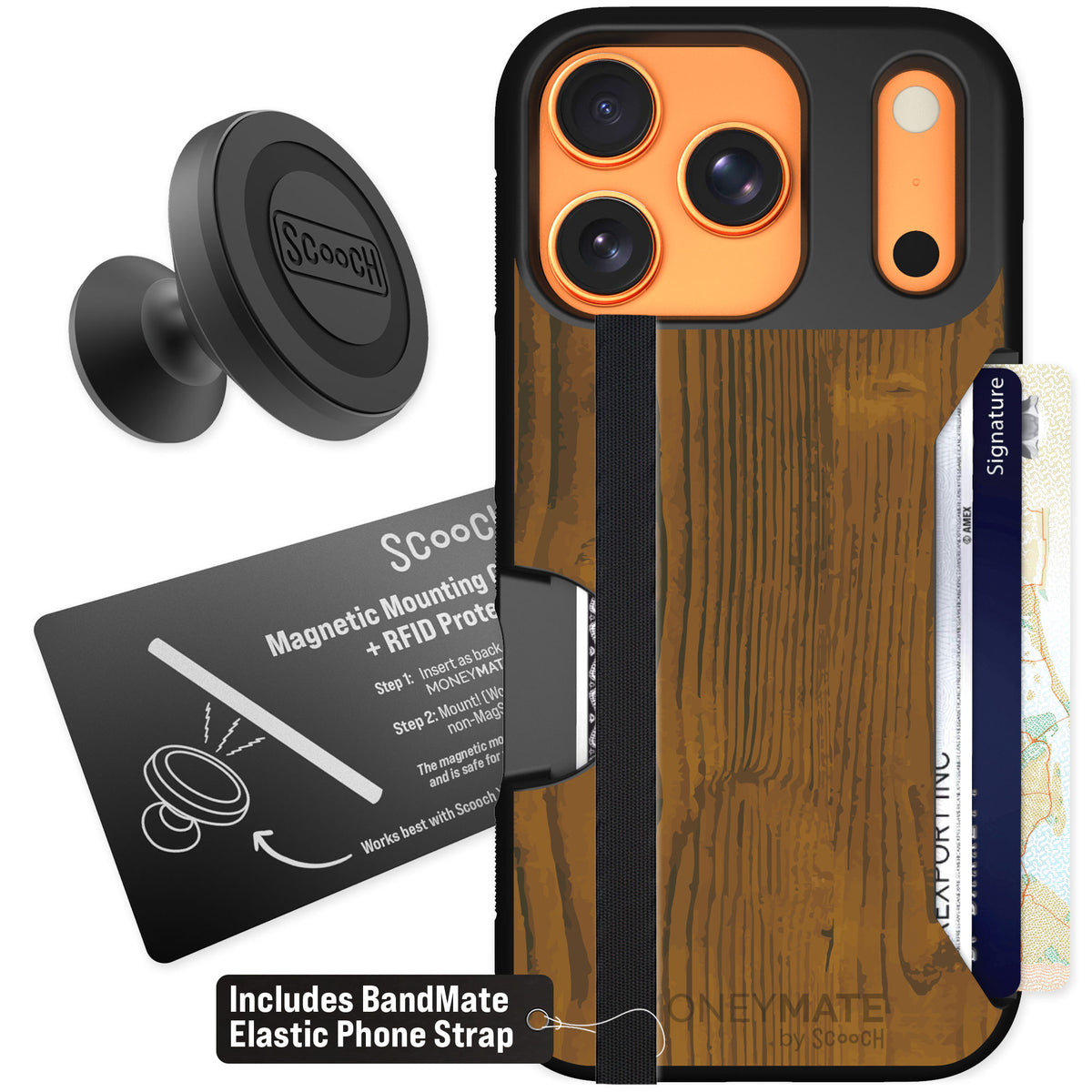 Scooch Moneymate Wood Grain for iPhone 17 Pro — Starter Bundle