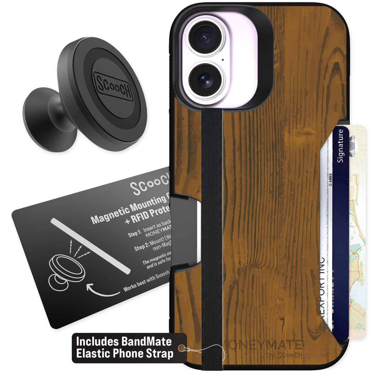 Scooch Moneymate Wood Grain for iPhone 17 — Starter Bundle