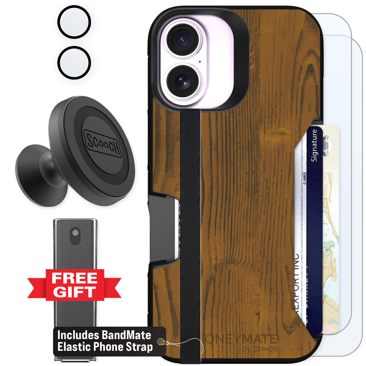 Scooch Moneymate Wood Grain for iPhone 17 — Defender Bundle