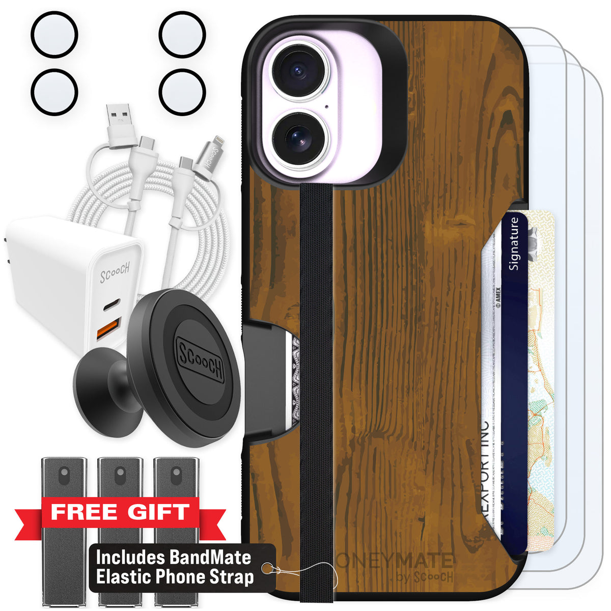 Scooch Moneymate Wood Grain for iPhone 17 — Ultimate Bundle